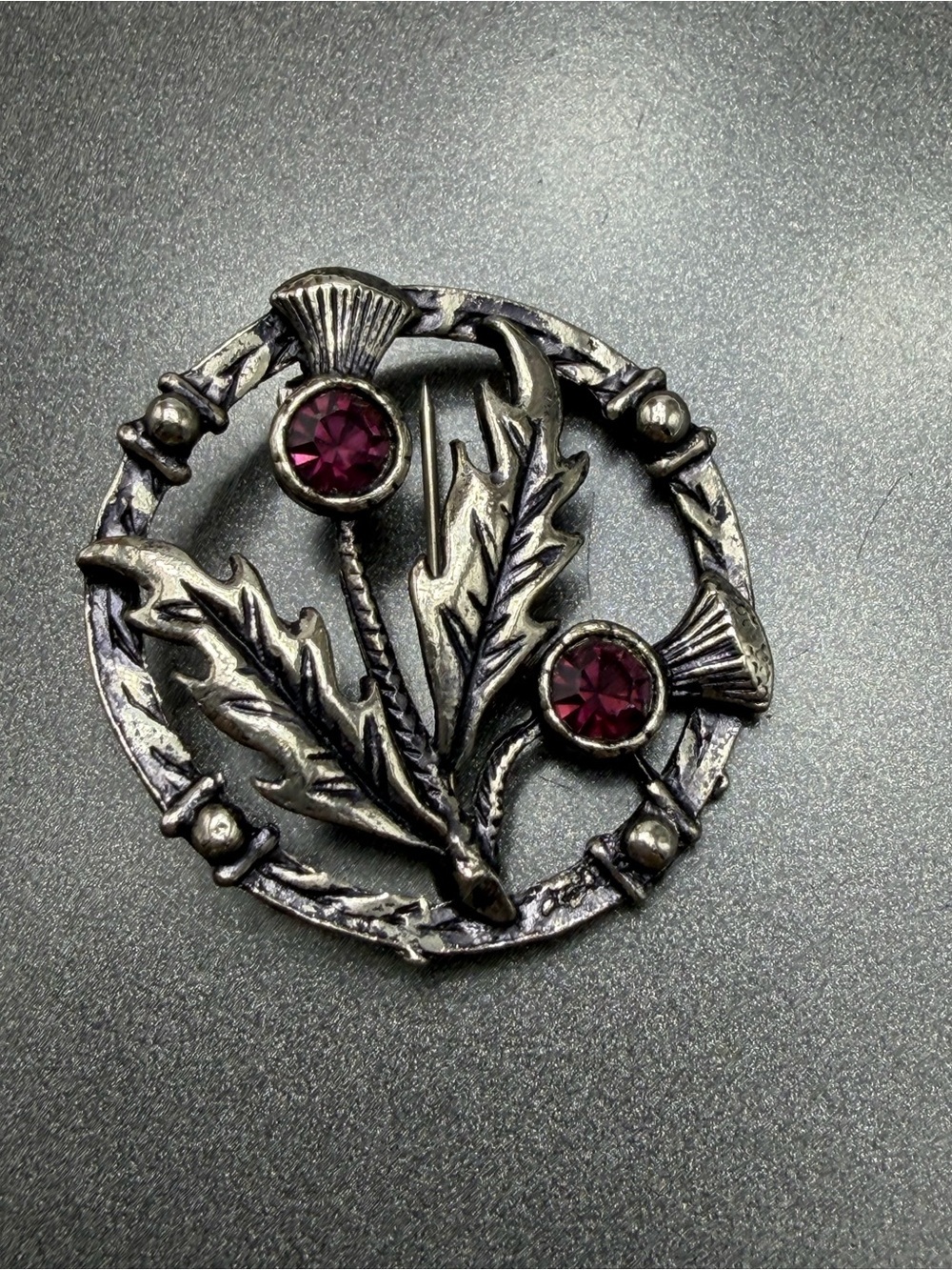 Vintage Silver Thistle Brooch with Amethyst Stones #cz534